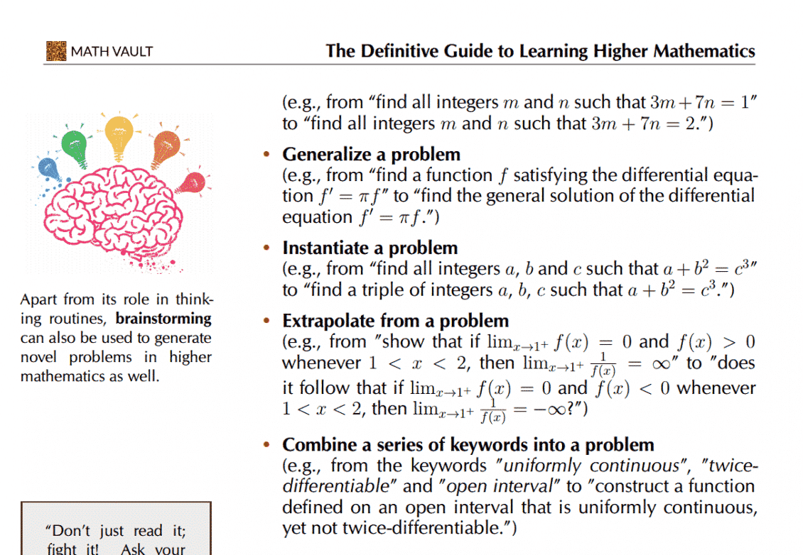 Screenshot of the problem solving section of Math Vault's The Definitive Guide to Learning Higher Mathematics