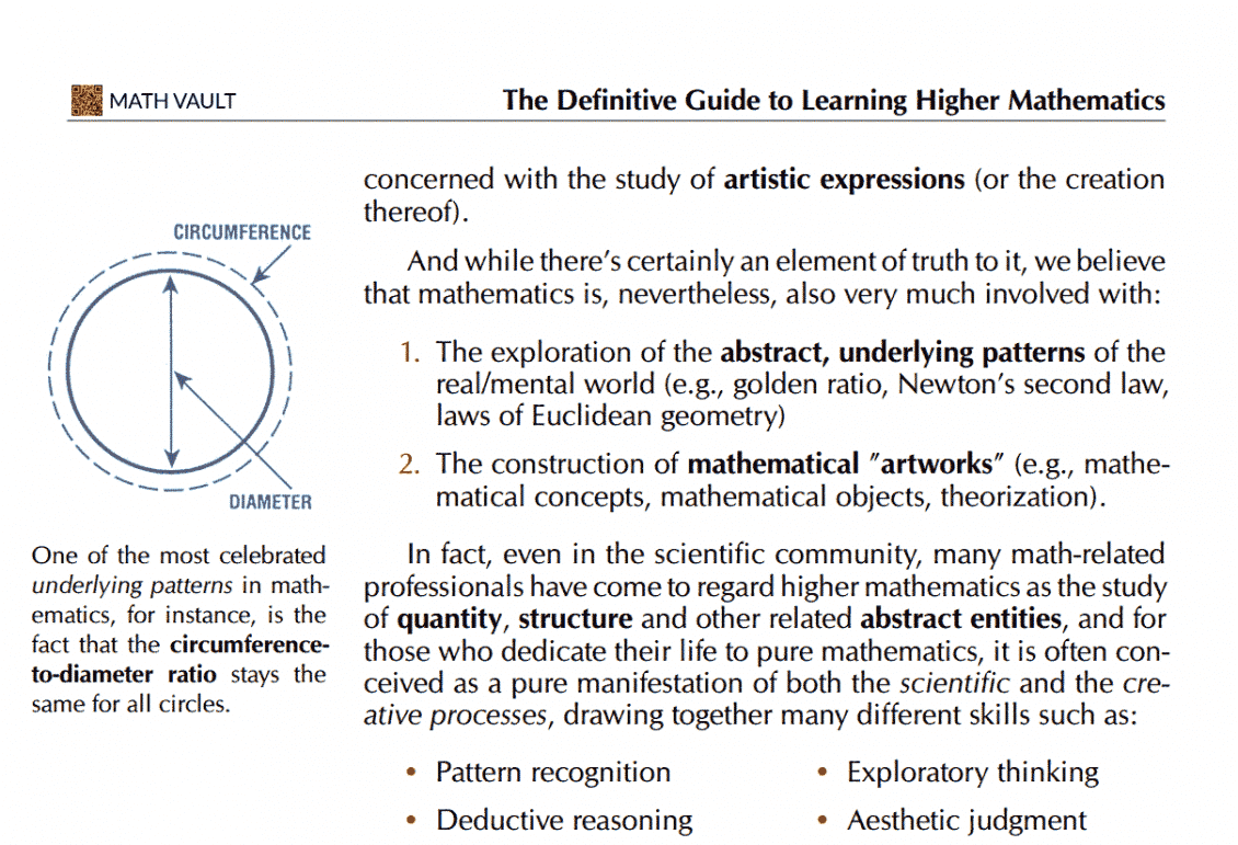 Screenshot of the "Aesthetic of mathematics" section of Math Vault's The Definitive Guide to Learning Higher Mathematics