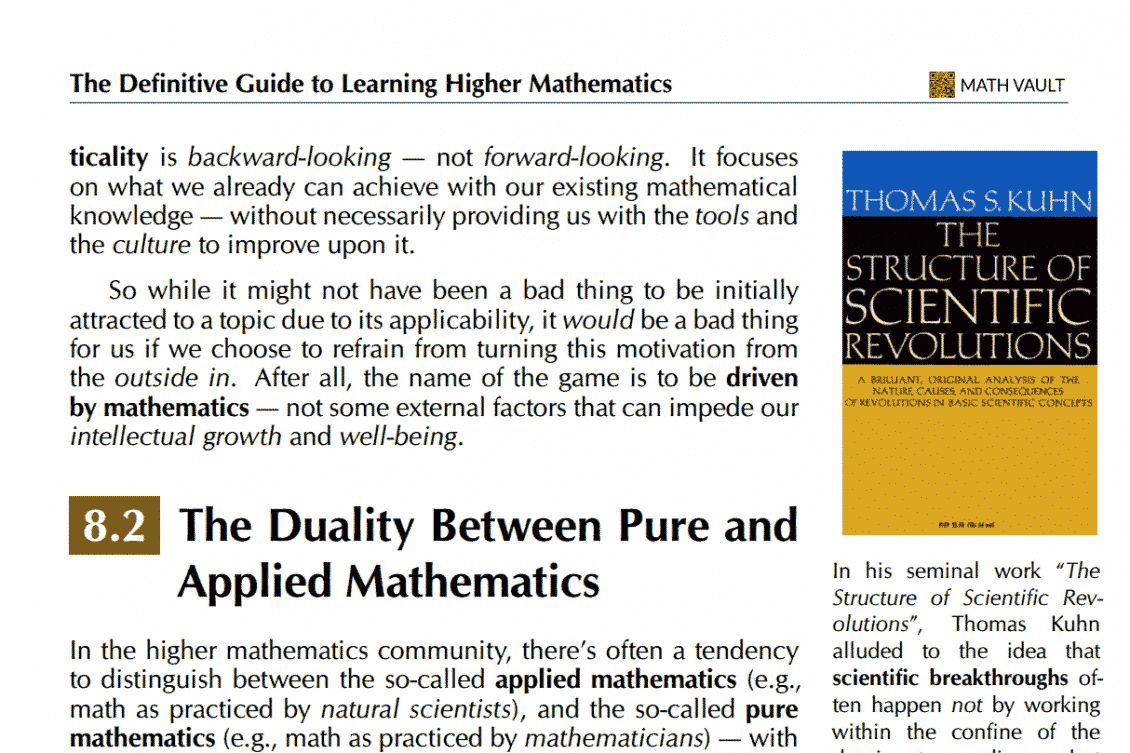 Screenshot of the Pure/Applied math duality section of Math Vault's The Definitive Guide to Learning Higher Mathematics
