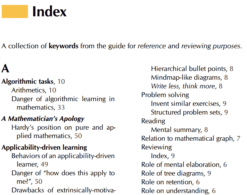 Screenshot of the Index section from Math Vault's The Definitive Guide to Learning Higher Mathematics