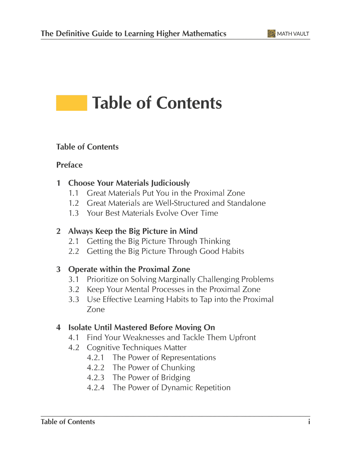 Table of contents (page 1) from Math Vault's The Definitive Guide to Learning Higher Mathematics