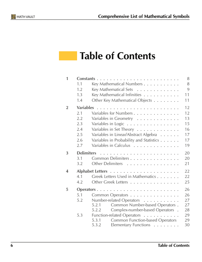 Comprehensive List of Mathematical Symbols Ebook: Table of Contents Page 1
