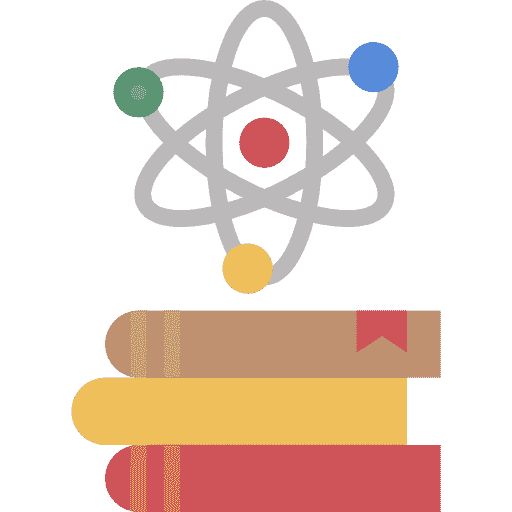 Icon of an atom, with 3 books underneath