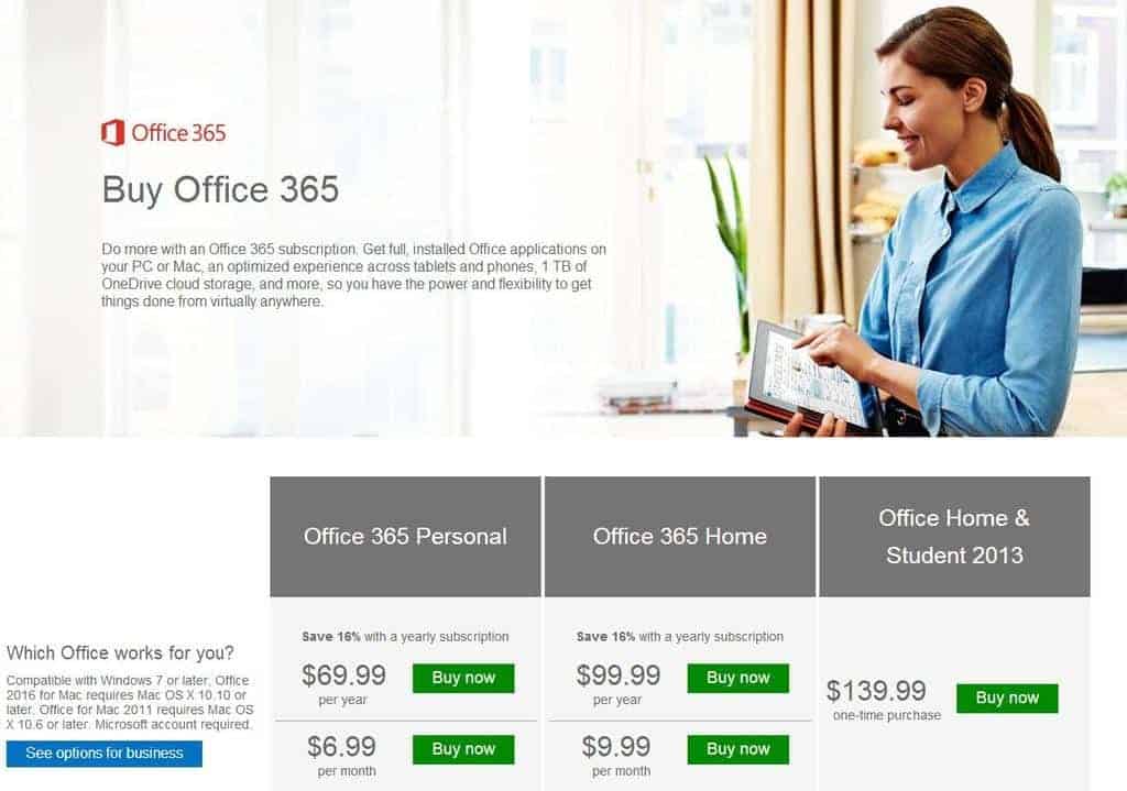 The different subscription plans and prices for Office 365